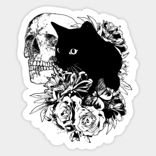 Skull and Black cat with peony, skeleton with flowers, black and white drawing Sticker